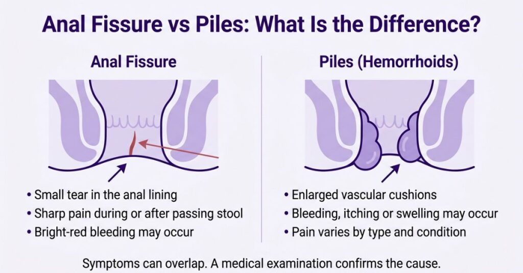 Anal fissure vs piles comparison showing differences in tears, swelling, pain and bleeding