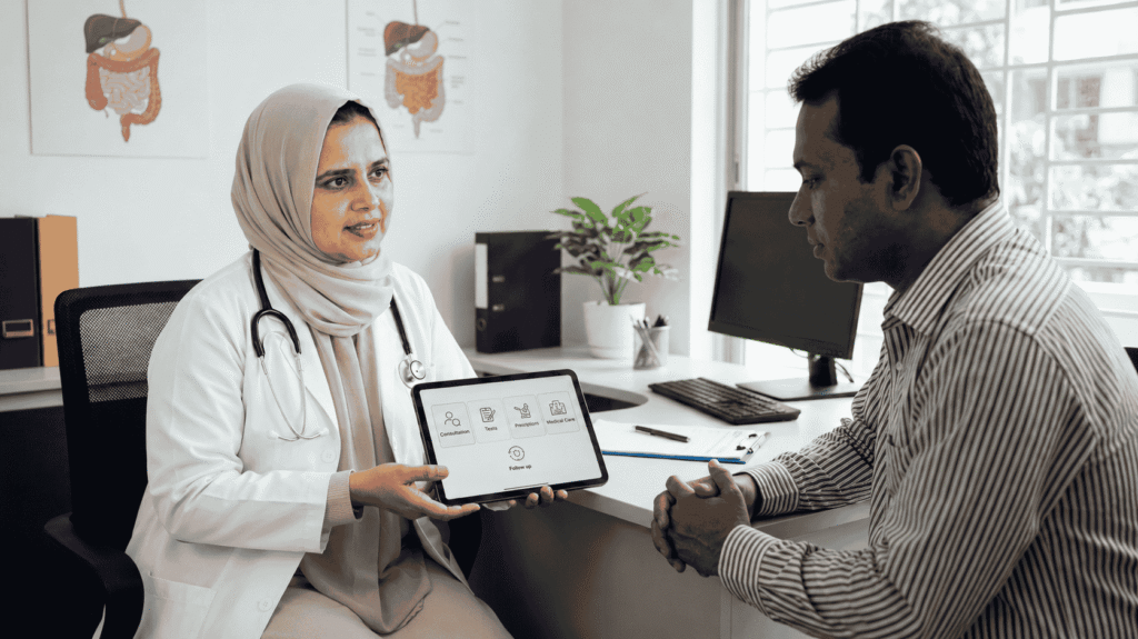 Female doctor explains Anal fistula surgery cost in Bangladesh to a male patient using a tablet