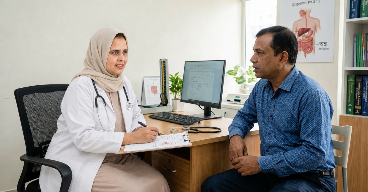 Female doctor discusses blood in stool treatment in Dhaka with a male patient in a private clinic