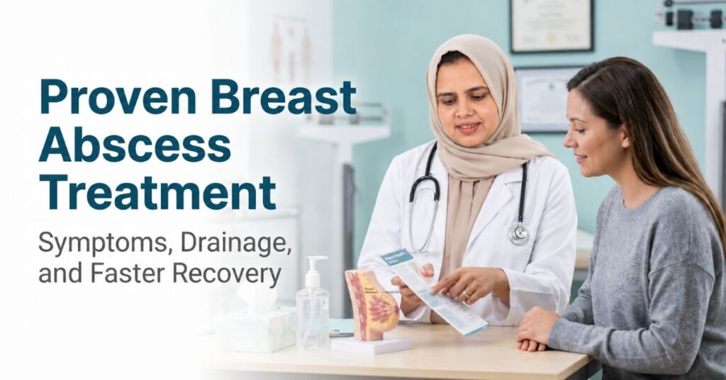 Doctor explains breast abscess treatment, symptoms, drainage and recovery to a patient in a modern clinic.