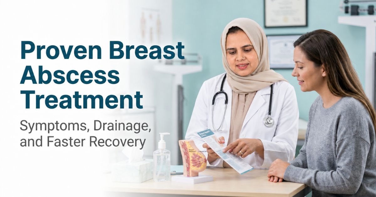 Doctor explains breast abscess treatment, symptoms, drainage and recovery to a patient in a modern clinic.