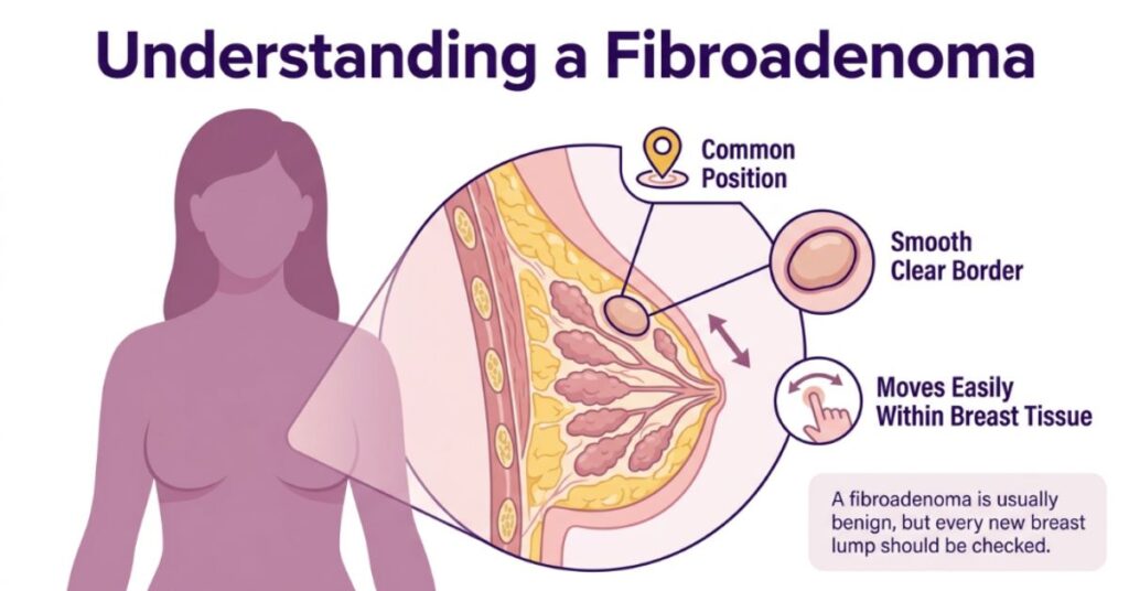 Female breast surgeon explains breast health during a fibroadenoma treatment consultation.