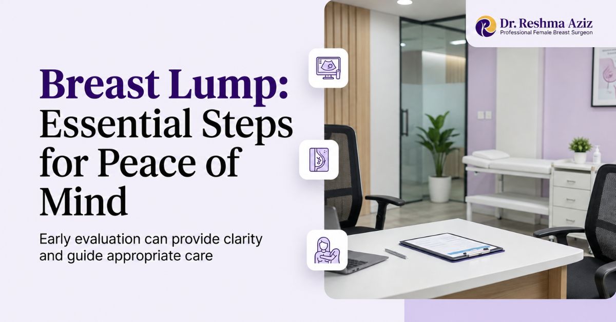 Breast lump care pathway showing clinical examination, imaging, biopsy when needed, pathology and treatment planning