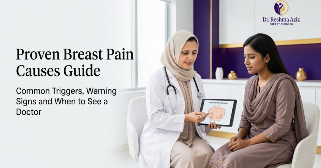 Dr. Reshma Aziz discusses breast pain causes, warning signs and assessment with a female patient in Dhaka