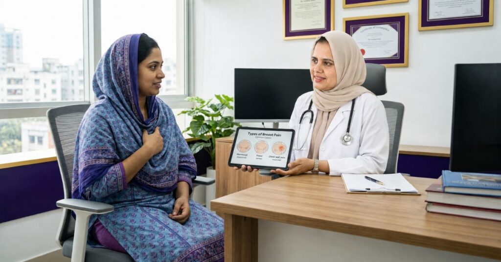 Female surgeon explains breast pain causes to a patient during a private consultation in a Dhaka clinic