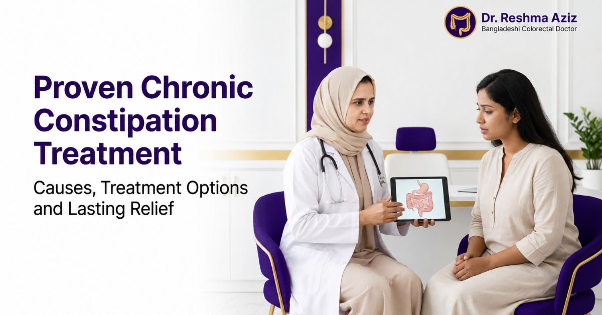 Dr. Reshma Aziz discusses chronic constipation treatment and lasting relief with a female patient
