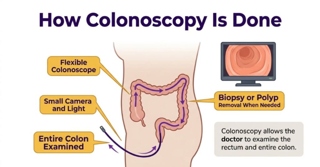 Illustration of how colonoscopy in Bangladesh examines the colon and allows biopsy or polyp removal.