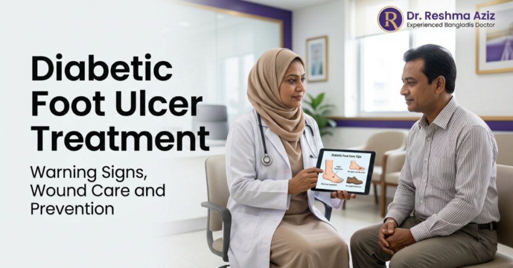 Doctor explains diabetic foot ulcer treatment, warning signs, wound care and prevention to a patient