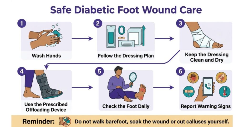 Diabetic foot ulcer treatment graphic showing common wound locations and warning signs on the feet
