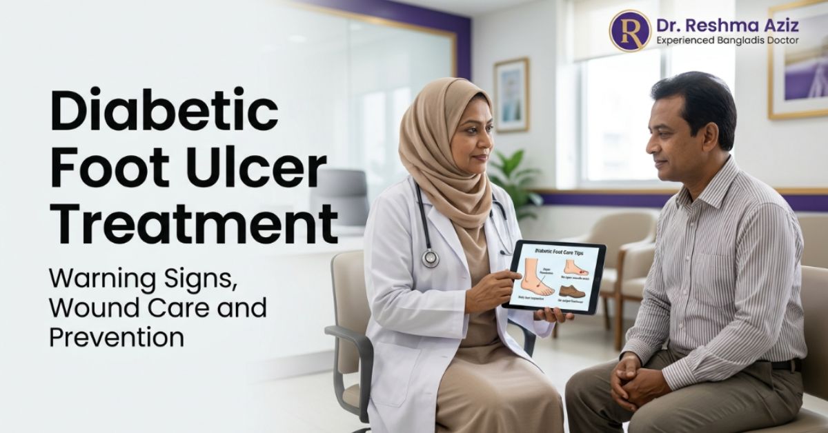 Doctor explains diabetic foot ulcer treatment, warning signs, wound care and prevention to a patient