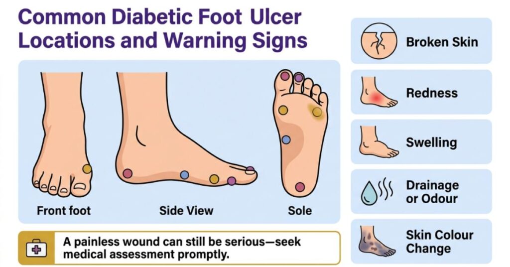 Diabetic foot ulcer treatment steps for dressing care, offloading, daily checks and reporting warning signs