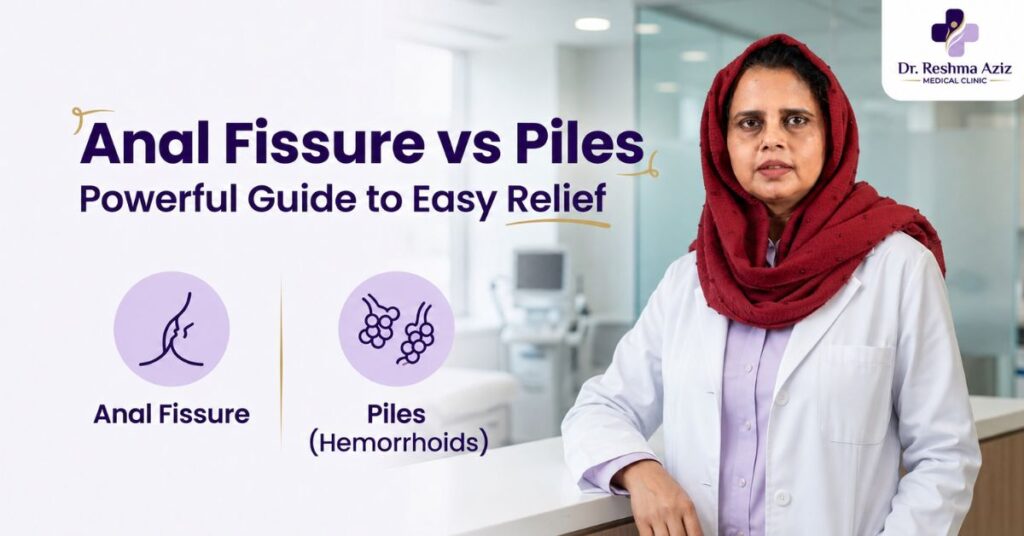 Dr. Reshma Aziz presents an anal fissure vs piles guide with medical icons in a modern clinic