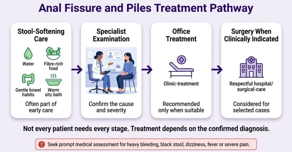 Patient-friendly anal fissure vs piles treatment pathway from early care and examination to surgery