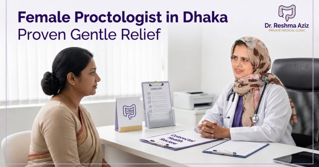 Female proctologist in Dhaka provides a private colorectal consultation to a woman in a modern clinic