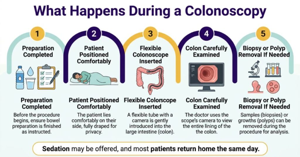 Five-step guide to colonoscopy in Bangladesh, from bowel preparation to biopsy or polyp removal.