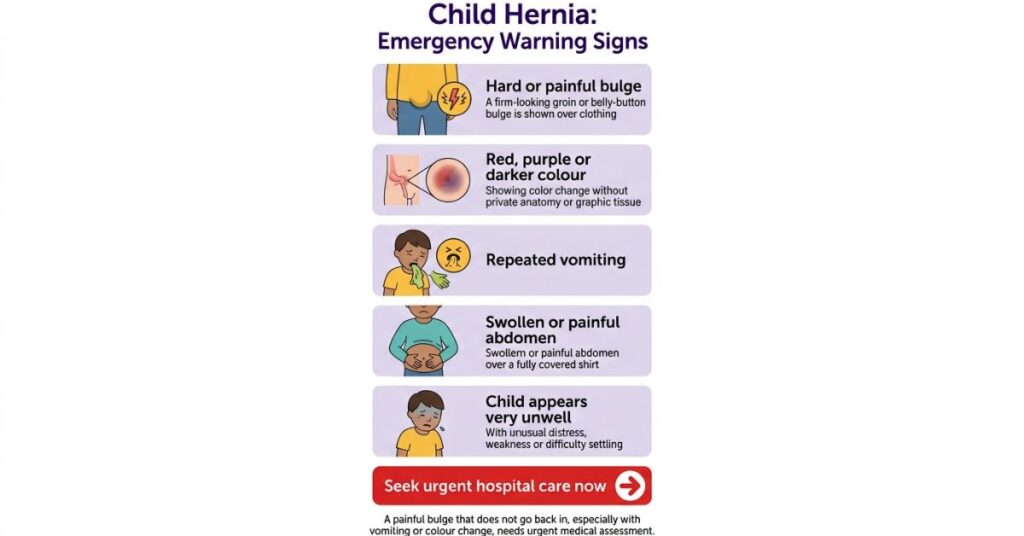 Infographic showing hernia in children symptoms such as painful bulge, vomiting, swelling and colour change