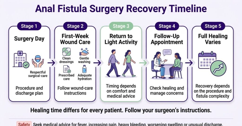 Anal fistula treatment guide showing an anal abscess, fistula tract and external opening