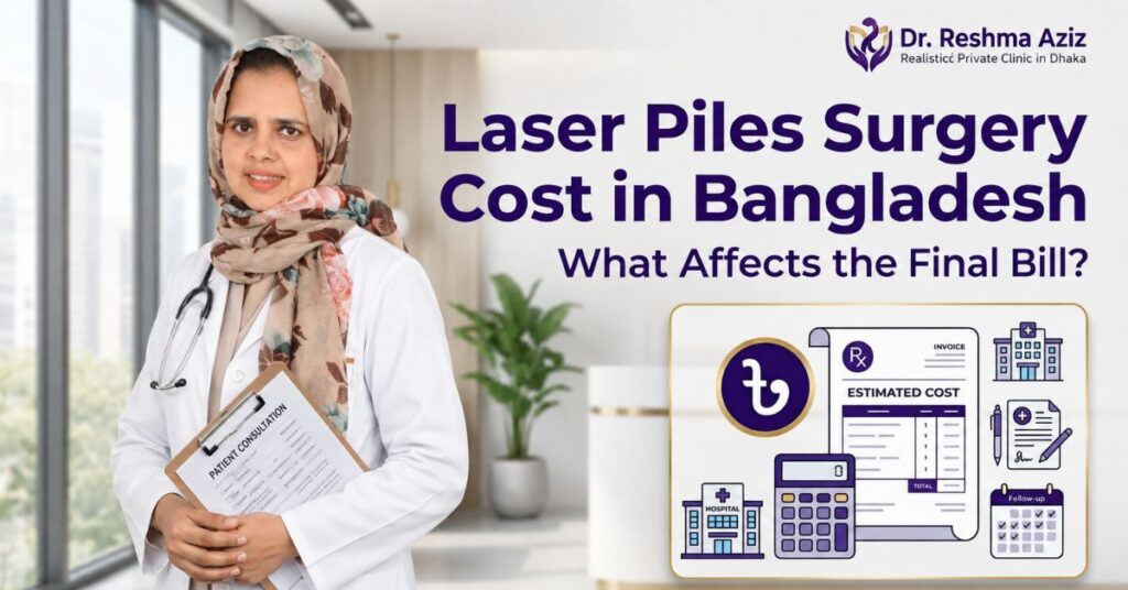 Dr. Reshma Aziz explains laser piles surgery cost in Bangladesh with medical bill and hospital icons