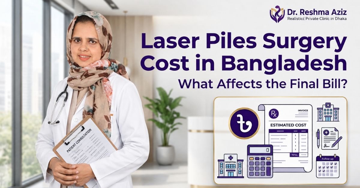 Dr. Reshma Aziz explains laser piles surgery cost in Bangladesh with medical bill and hospital icons