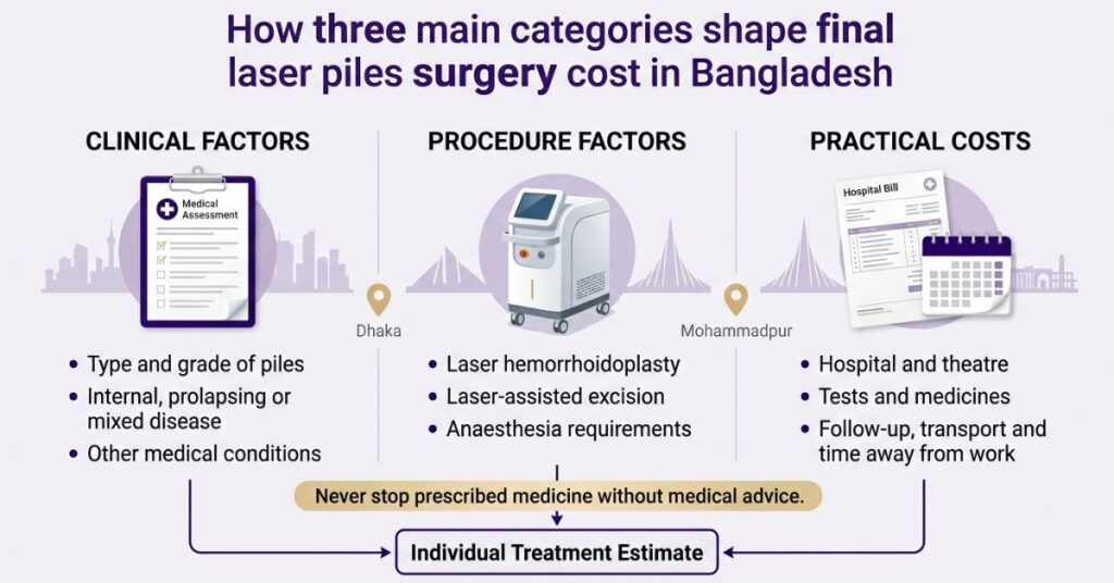 Key factors affecting laser piles surgery cost in Bangladesh, including procedure, hospital and follow-up