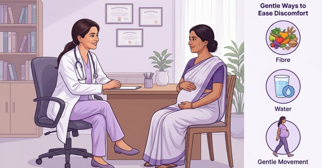 Pregnant woman consulting a female doctor about piles during pregnancy, with fibre, water and movement tips
