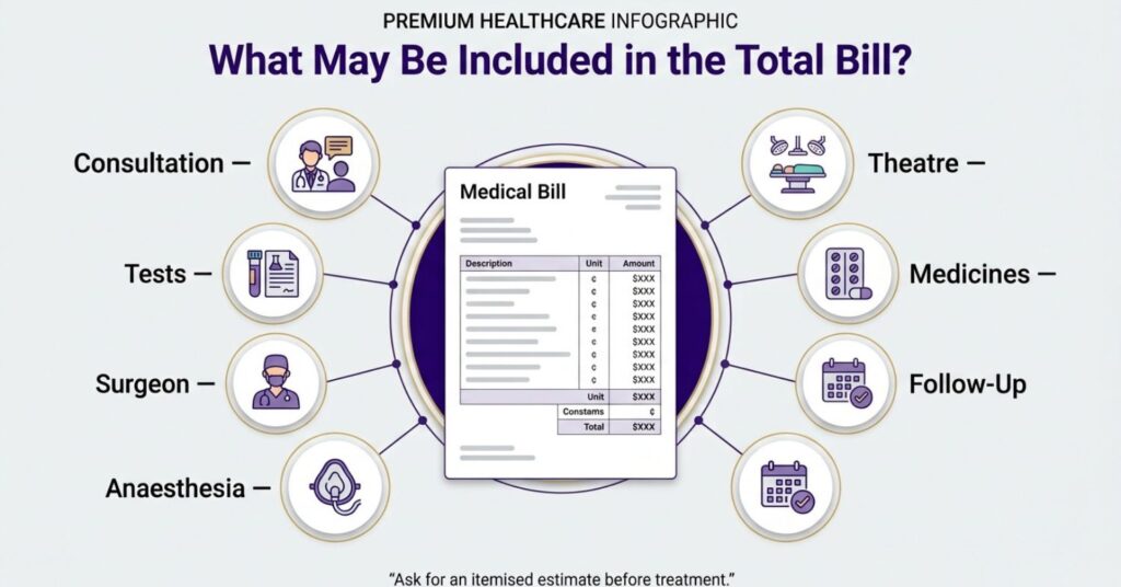 Seven bill components included in laser piles surgery cost in Bangladesh, from consultation to follow-up
