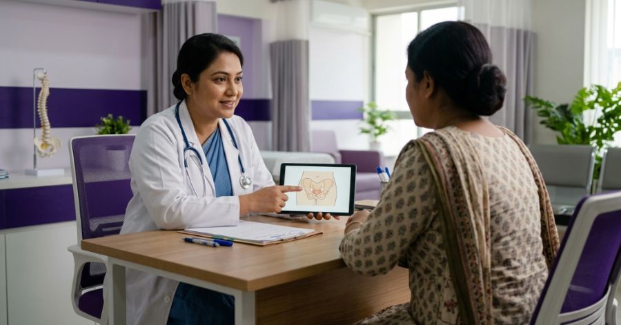 Female specialist discusses piles treatment in Bangladesh with a patient in a private clinic.