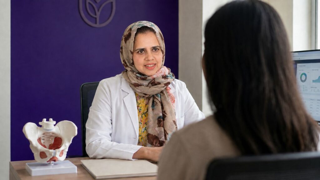 Female specialist discusses piles treatment in Bangladesh with a patient in a private clinic.