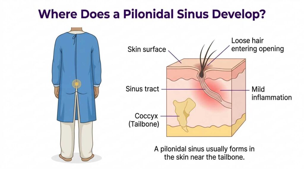Pilonidal sinus treatment diagram showing where a sinus tract develops near the tailbone
