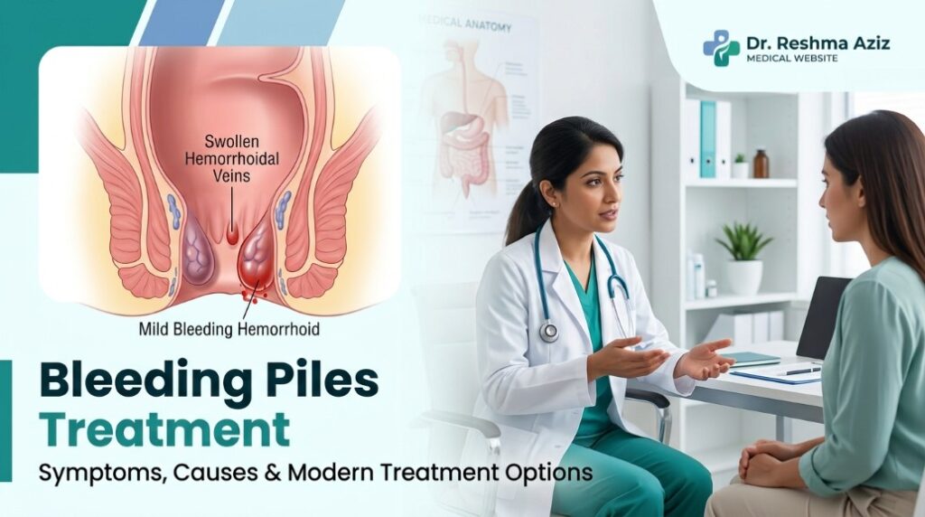 Bleeding piles treatment guide showing symptoms, causes, hemorrhoid care, and modern treatment options