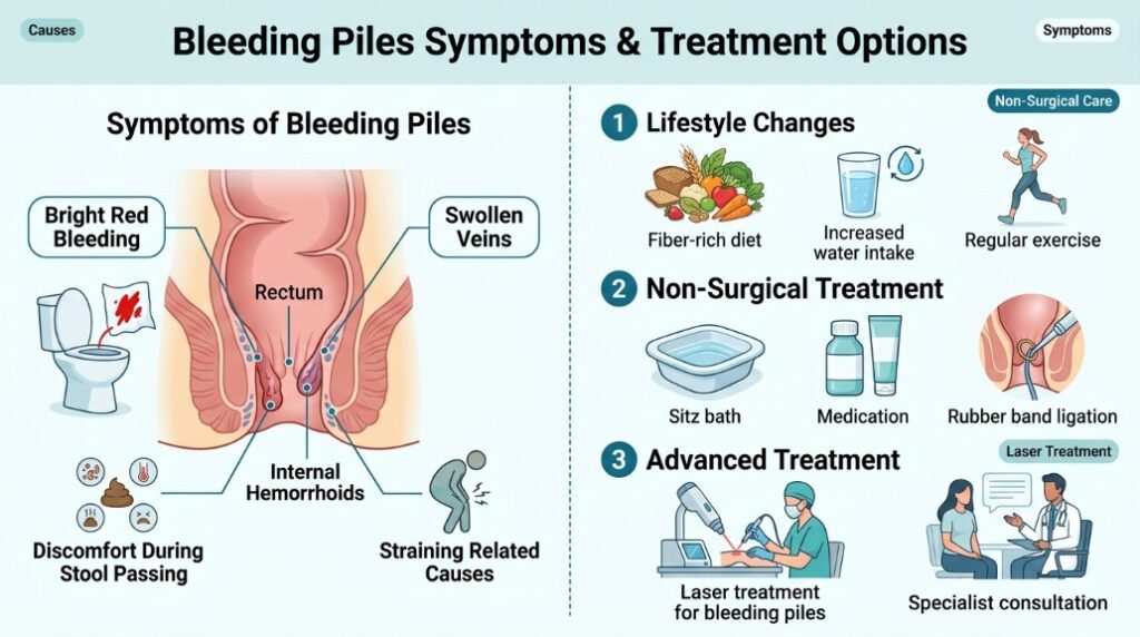 Bleeding piles treatment infographic with symptoms, non-surgical care, laser treatment, and doctor consultation