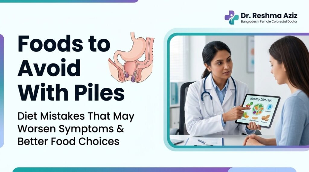 Foods to avoid with piles guide featuring doctor consultation and digestive health diet tips.