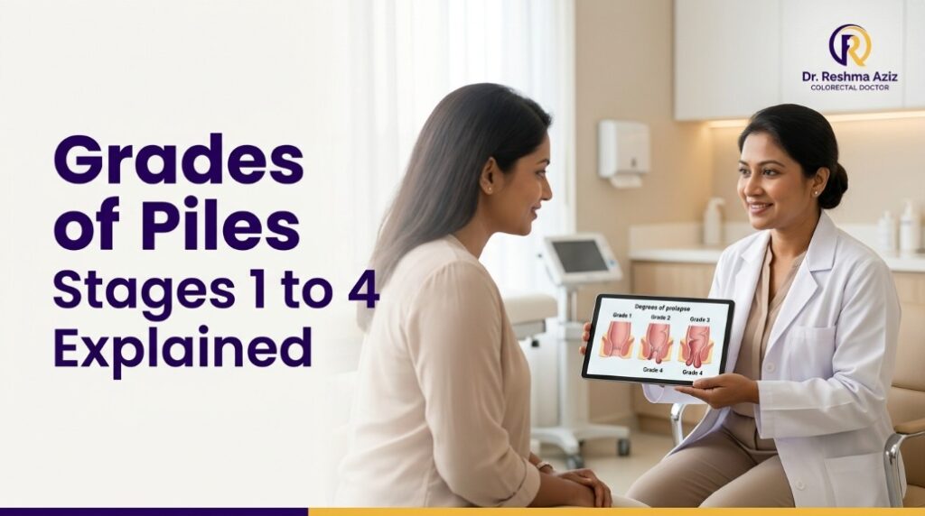 Female doctor explains the grades of piles from stages 1 to 4 to a patient in a private clinic.