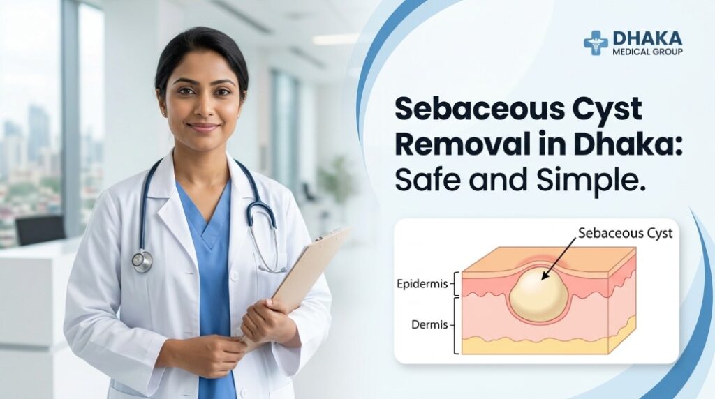Female doctor with a medical illustration explaining sebaceous cyst removal in Dhaka and the cyst beneath the skin.