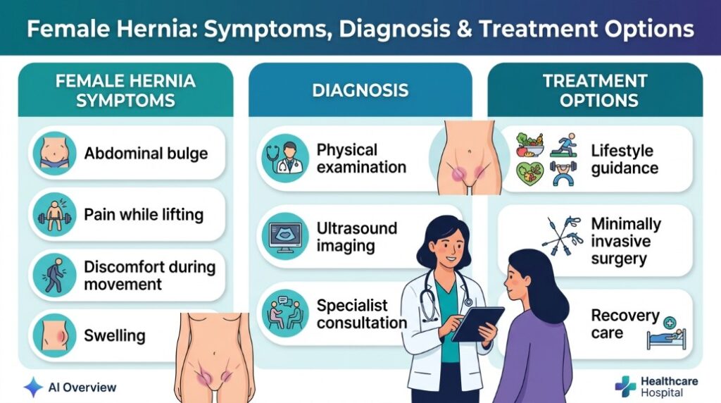 Female Hernia Surgeon in Dhaka consultation image with hernia anatomy illustration and advanced treatment guidance.