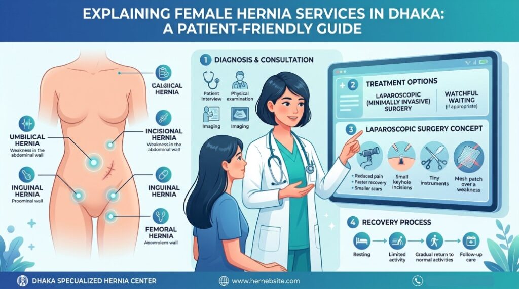 Female Hernia Surgeon in Dhaka medical infographic showing symptoms, diagnosis process, and treatment options.