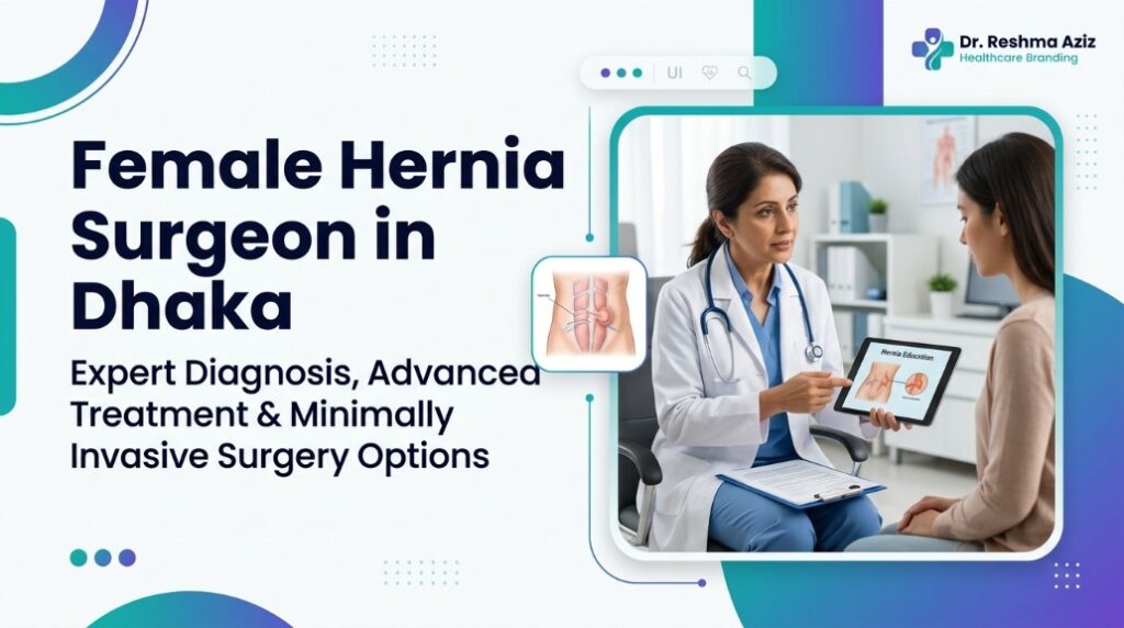 Female Hernia Surgeon in Dhaka explaining diagnosis, treatment options, and patient care in a modern clinic.