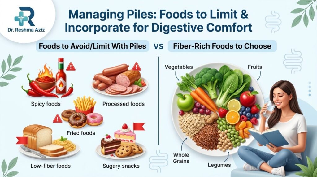 Foods to avoid with piles infographic showing trigger foods and healthy fiber-rich diet choices.