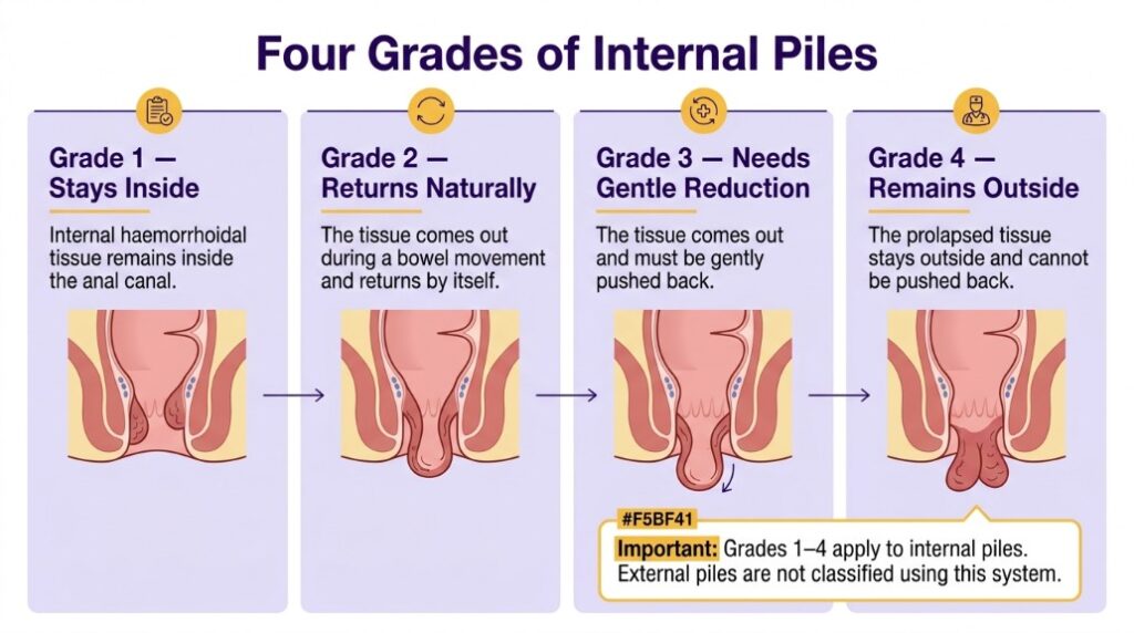Medical infographic comparing the four grades of piles, from internal Grade 1 to prolapsed Grade 4.