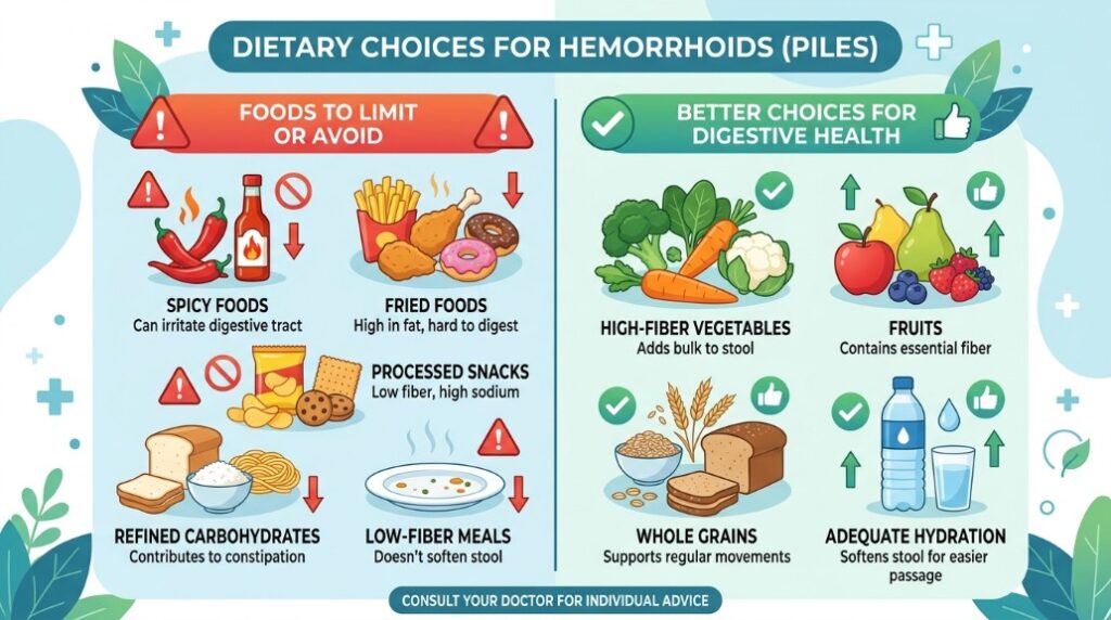 Foods to avoid with piles: spicy, fried, and processed foods that may worsen symptoms.