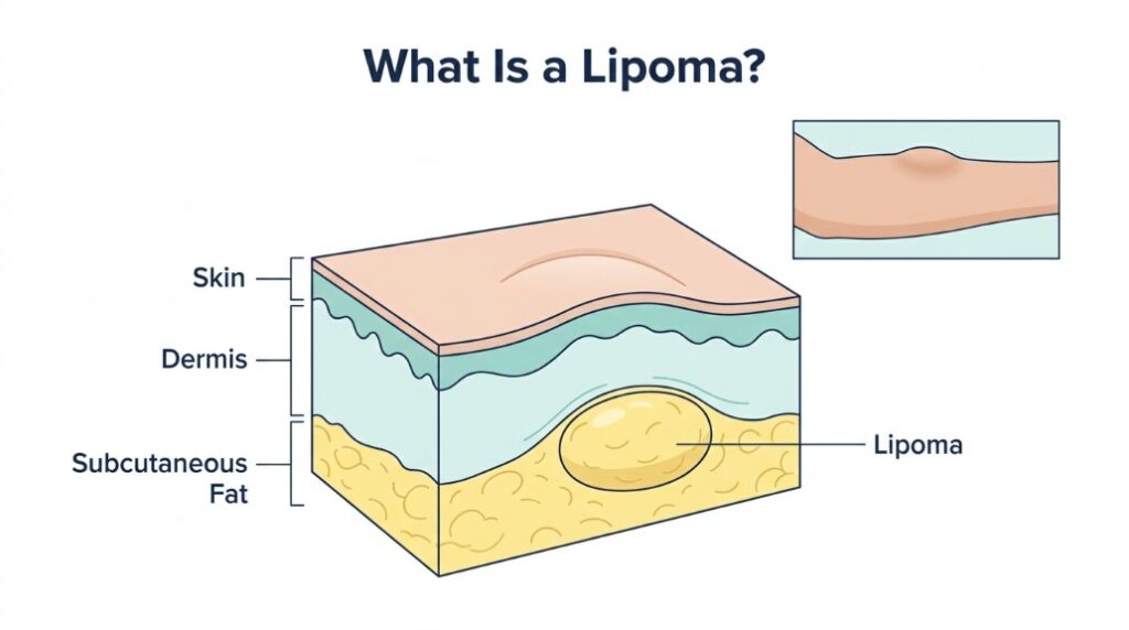 Skin cross-section showing a fatty lump beneath the skin, illustrating lipoma removal in Dhaka.