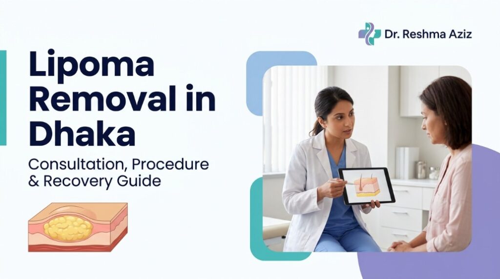 Female doctor explaining lipoma removal in Dhaka to a patient using a tablet with a skin diagram.