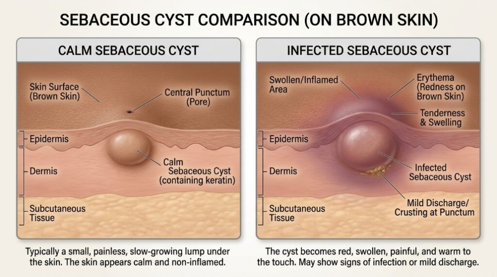 Medical illustration comparing calm and infected skin cysts on brown skin for sebaceous cyst removal in Dhaka.