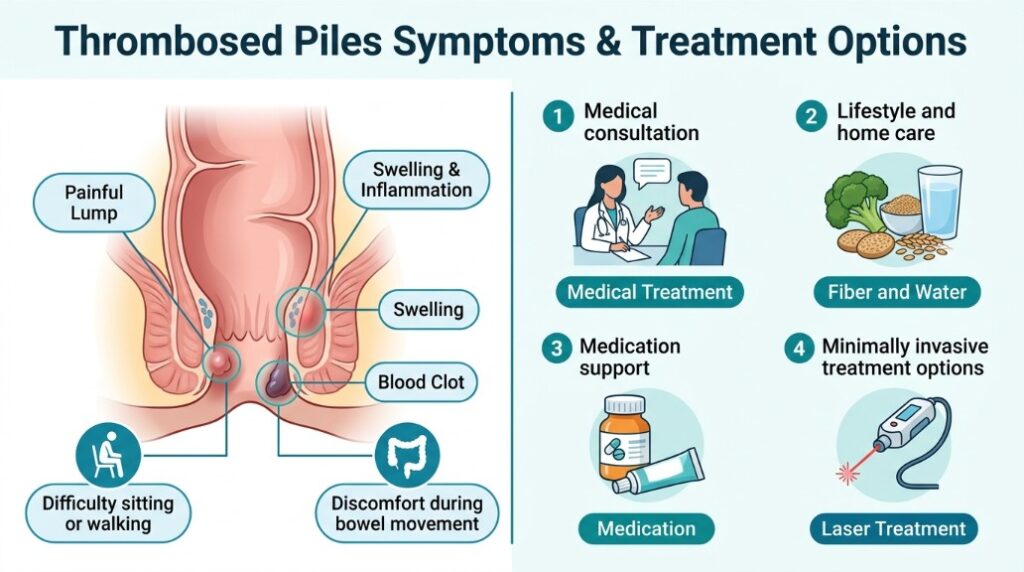 Thrombosed piles treatment guide showing symptoms, blood clot, and medical treatment options