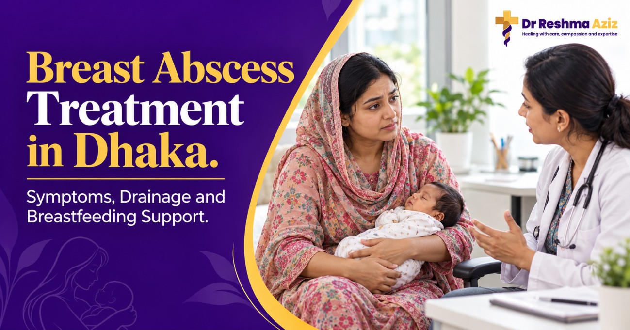 Mother holding her baby while discussing breast abscess treatment with a female doctor in Dhaka.