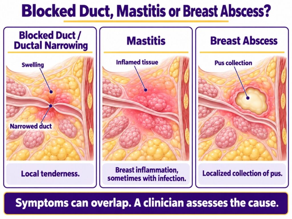 Comparison of ductal narrowing, mastitis and a pus collection to explain breast abscess treatment.