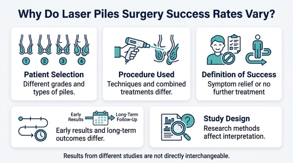 Infographic explaining how patient selection, technique, and follow-up affect laser piles surgery success rate.