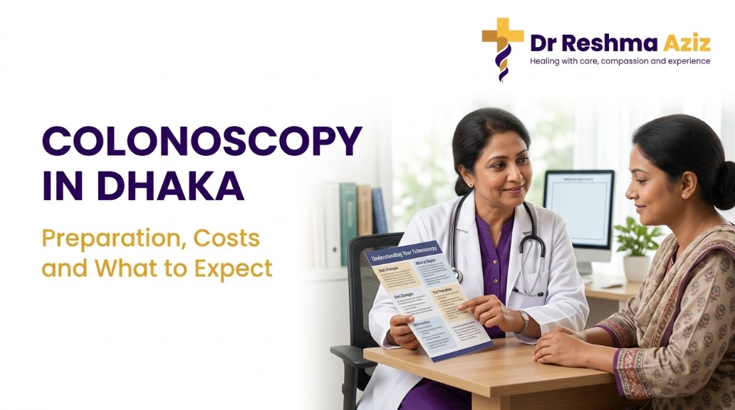 Female doctor explaining colonoscopy in Dhaka to a patient, with preparation and cost guidance beside Dr. Reshma Aziz logo.