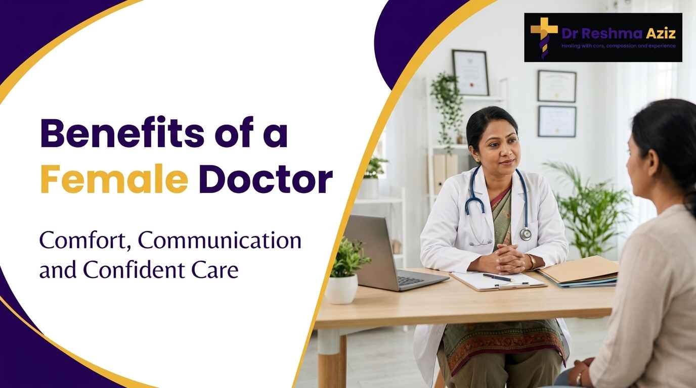 Female doctor listening to a patient beside text about benefits of a female doctor and the Dr. Reshma Aziz logo.