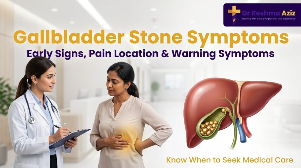 Gallbladder stone symptoms consultation showing right-side pain, gallstones, and warning signs